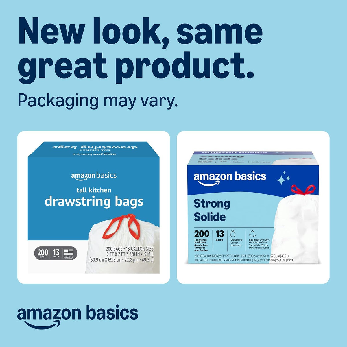 Amazon Basics Trash Bags, Tall Kitchen Drawstring, Unscented, 13 Gallon, 200 Count, Pack of 1, Packaging May Vary