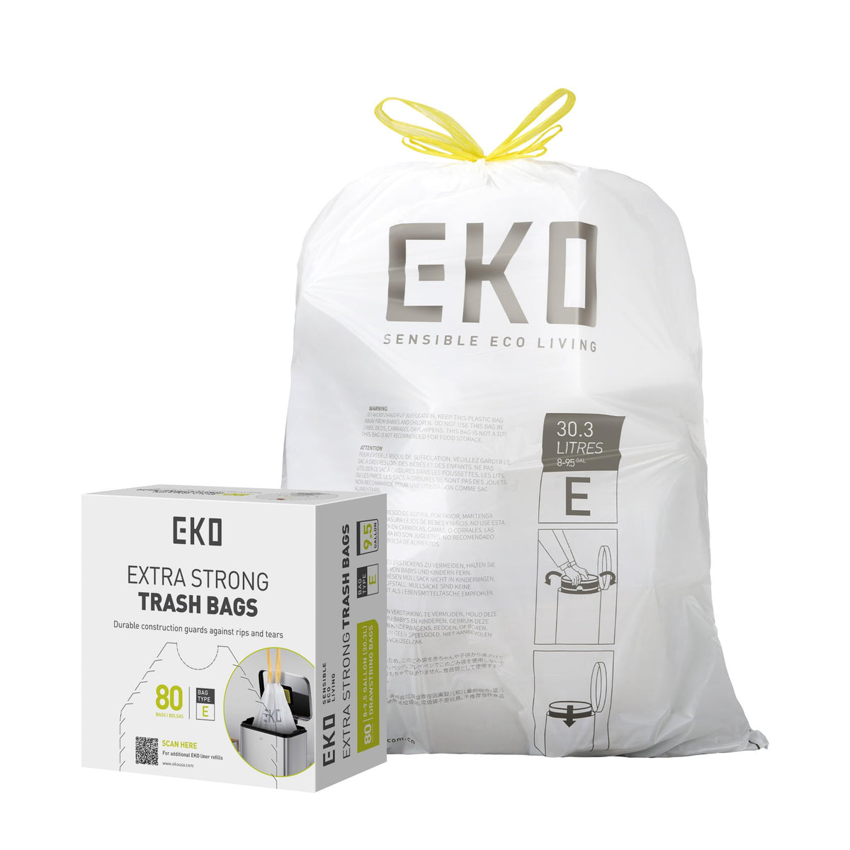 EKO 21 Gallon / 50-90 Liter, 60 Count Drawstring Trash Bags, Extra-Strong Unscented Garbage Bags, Easy-Dispense Roll for Kitchen & Household Use, Code G, White