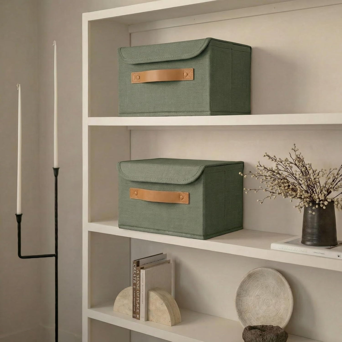 Decorative Linen Storage Boxes with Lids - Spacious Set of 2 Organizer Bins