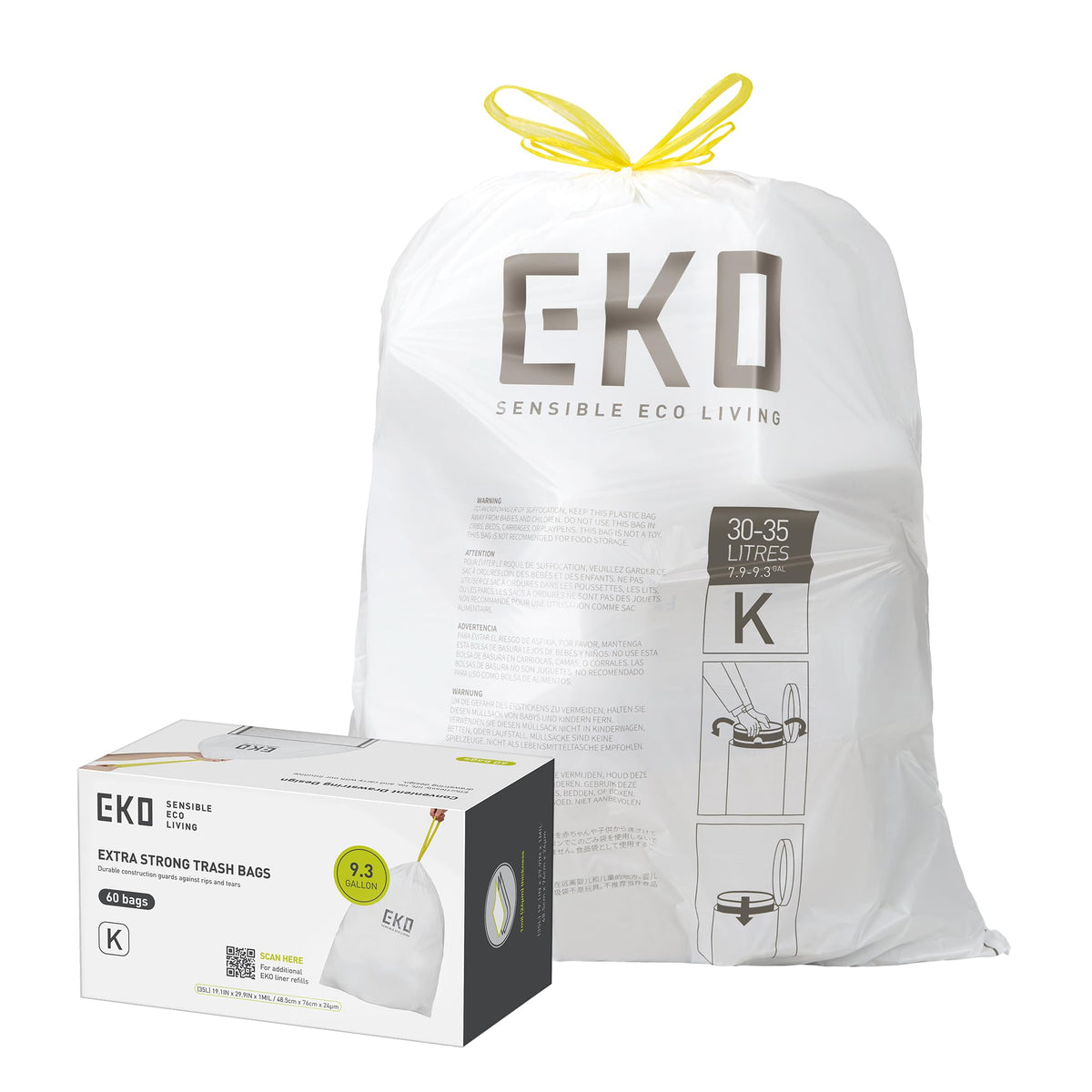EKO 21 Gallon / 50-90 Liter, 60 Count Drawstring Trash Bags, Extra-Strong Unscented Garbage Bags, Easy-Dispense Roll for Kitchen & Household Use, Code G, White
