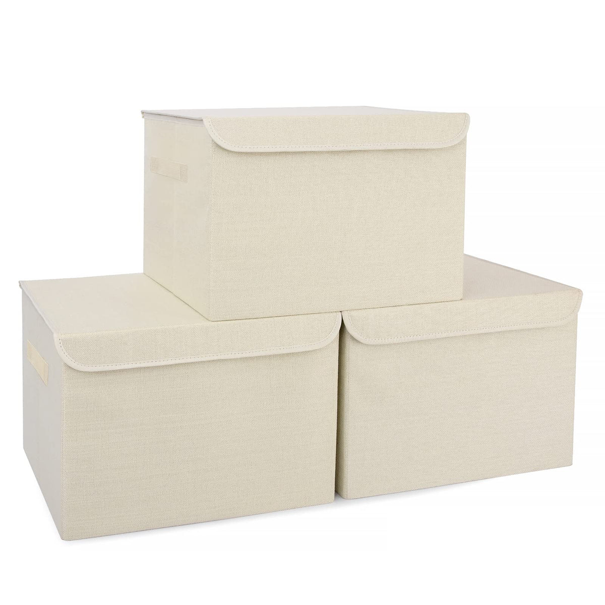 Bagnizer Large 17" 42 Quarts Collapsible Stackable Storage Bins with Lids [3-Pack] Foldable Fabric Linen Storage Boxes Cube, Closet Organizer Baskets with Label for Home (16.7 x 12 x 12, Gray)
