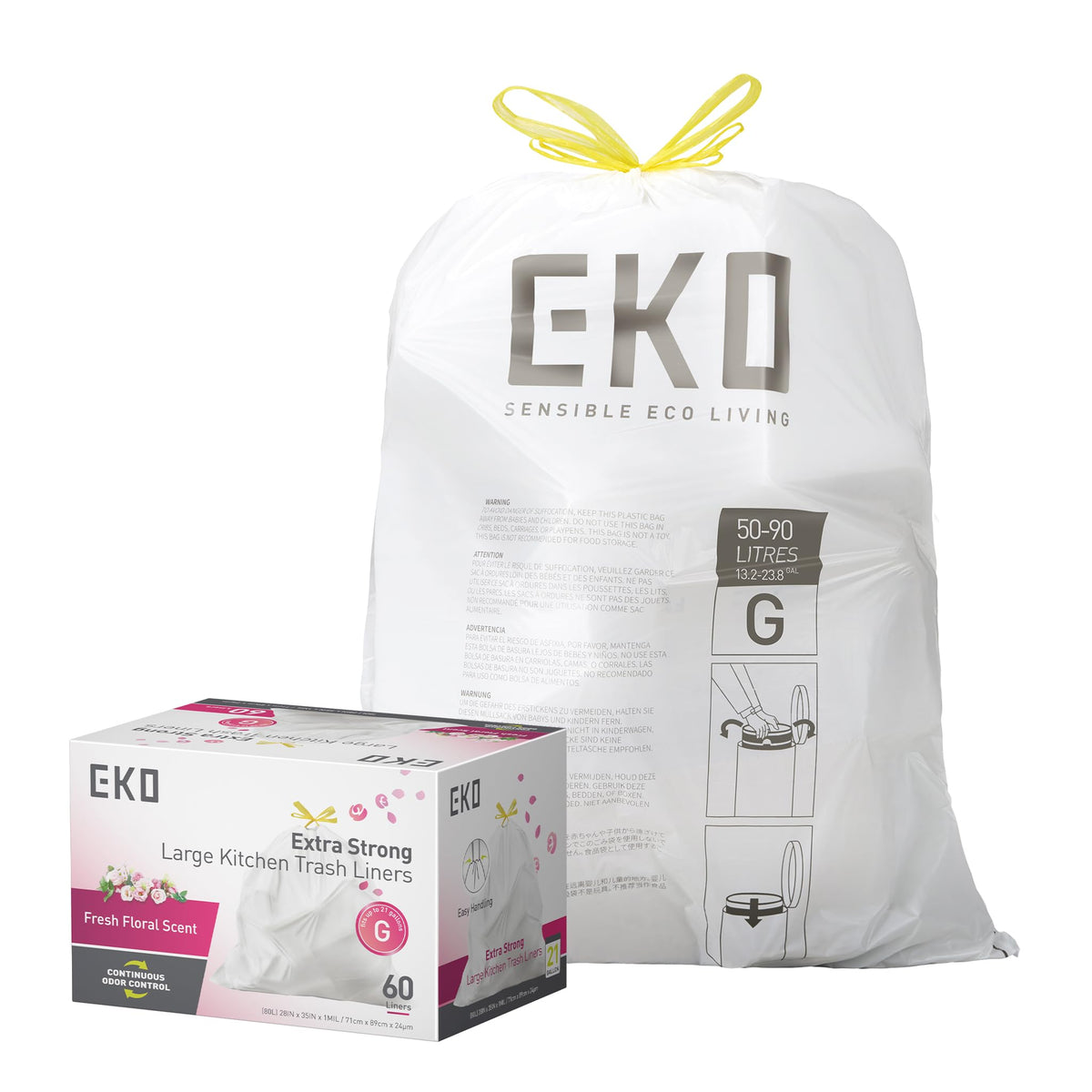 EKO 21 Gallon / 50-90 Liter, 60 Count Drawstring Trash Bags, Extra-Strong Unscented Garbage Bags, Easy-Dispense Roll for Kitchen & Household Use, Code G, White