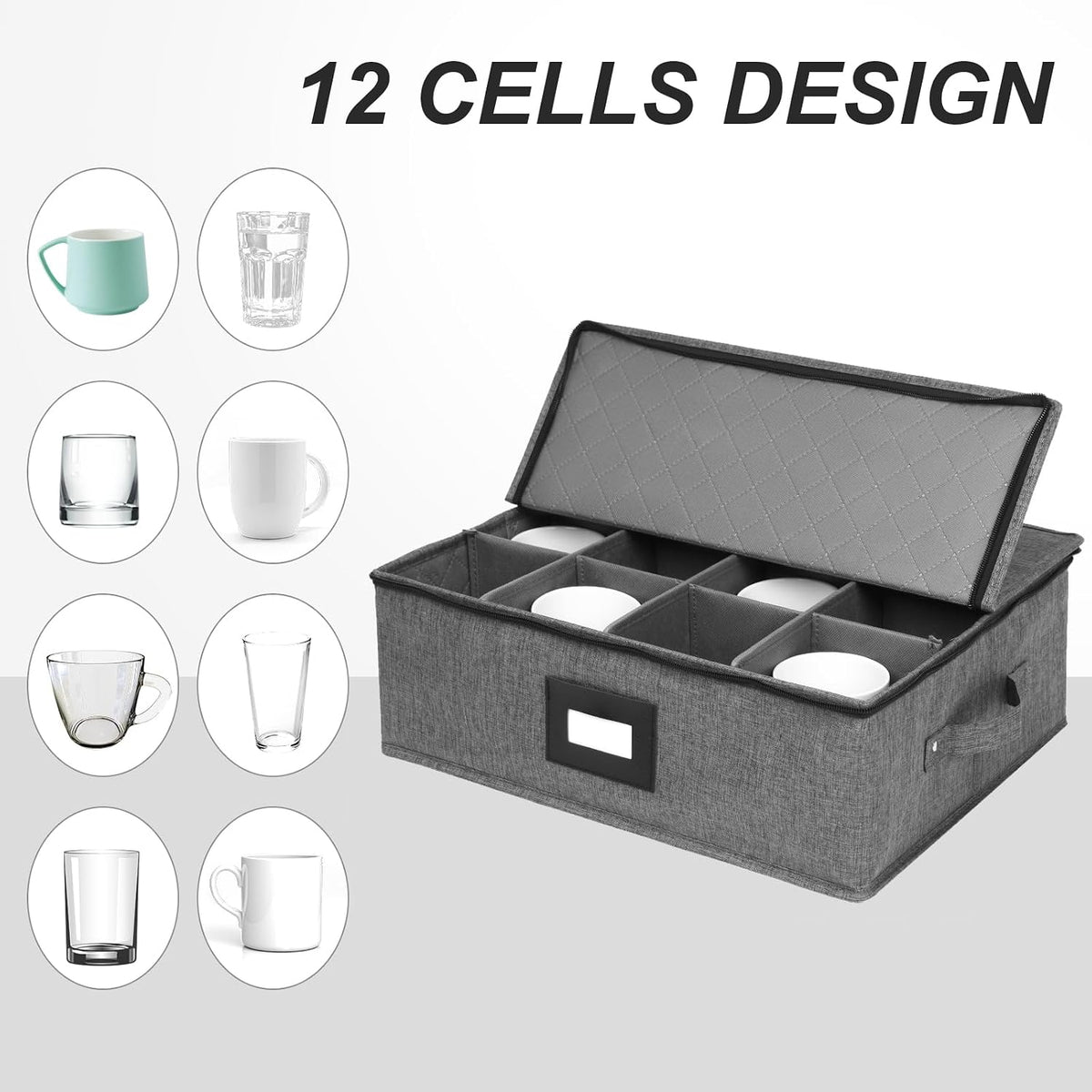 Mug Storage Box with Dividers 2 Pack, Hard Top Cup Storage for Coffee Mug