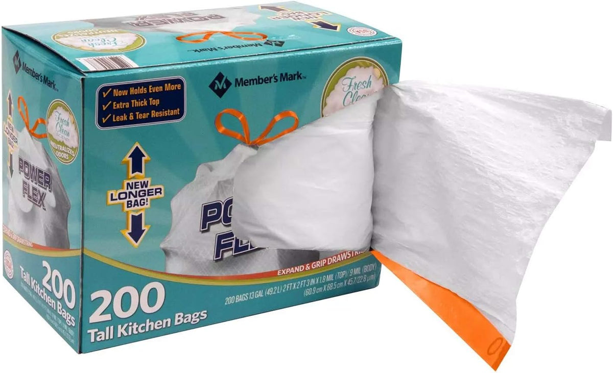Member's Mark Power Flex Tall Kitchen Drawstring Trash Bags (13 Gallon, 2 Rolls of 100 ct., 200 count total)