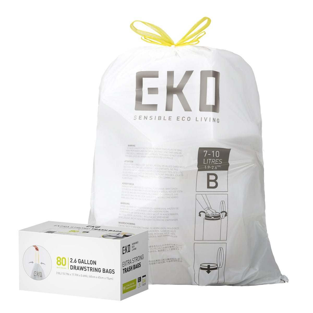 EKO 21 Gallon / 50-90 Liter, 60 Count Drawstring Trash Bags, Extra-Strong Unscented Garbage Bags, Easy-Dispense Roll for Kitchen & Household Use, Code G, White
