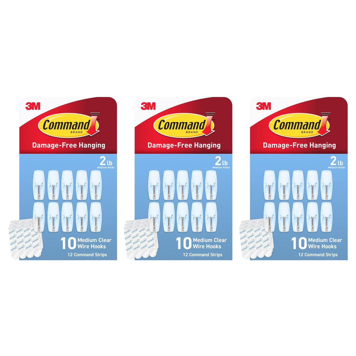 Command Clear Adhesive Hooks, Medium, 3 Pack, 30 Total, 2 lb