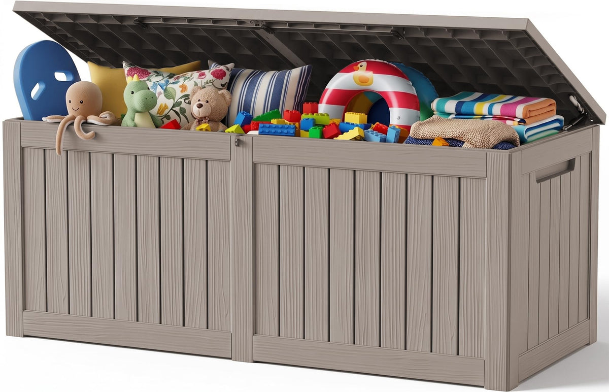 Outdoor Storage Box, 170 Gal Waterproof Resin Deck Box w/Support Rod