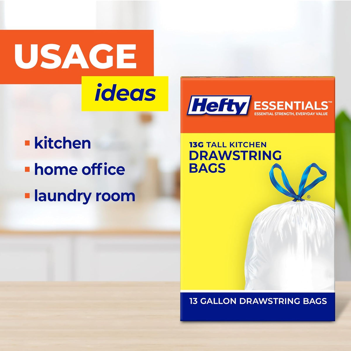Hefty Essentials 13 Gallon Kitchen Trash Bags, White, Unscented, 45ct