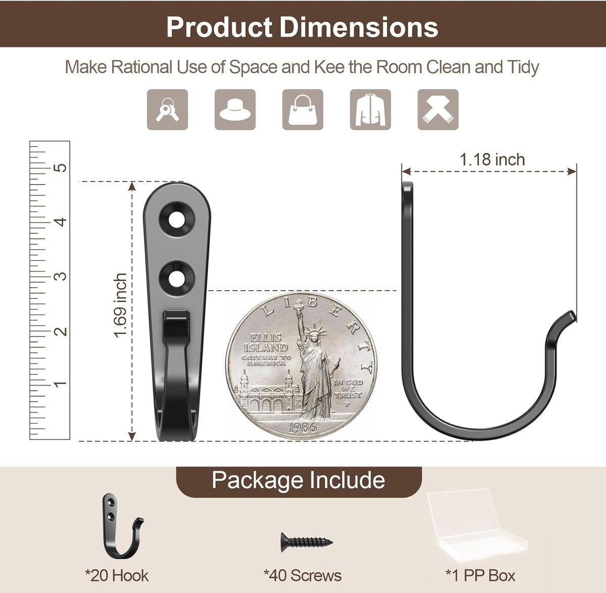 BREYDROK 20Pack Towel Hooks for Bathroom, Heavy Duty Black Metal Wall Hooks