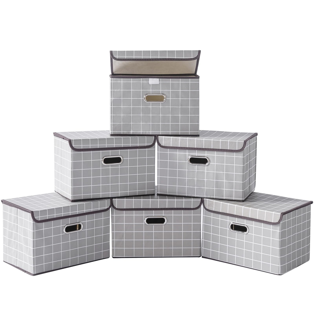 STOREONE Fabric Storage Cube Bins Foldable Organizer Container Collapsible Basket with Lids and Metal Handles, for Home, Bedroom, Closet (Black, 3 Pcs)