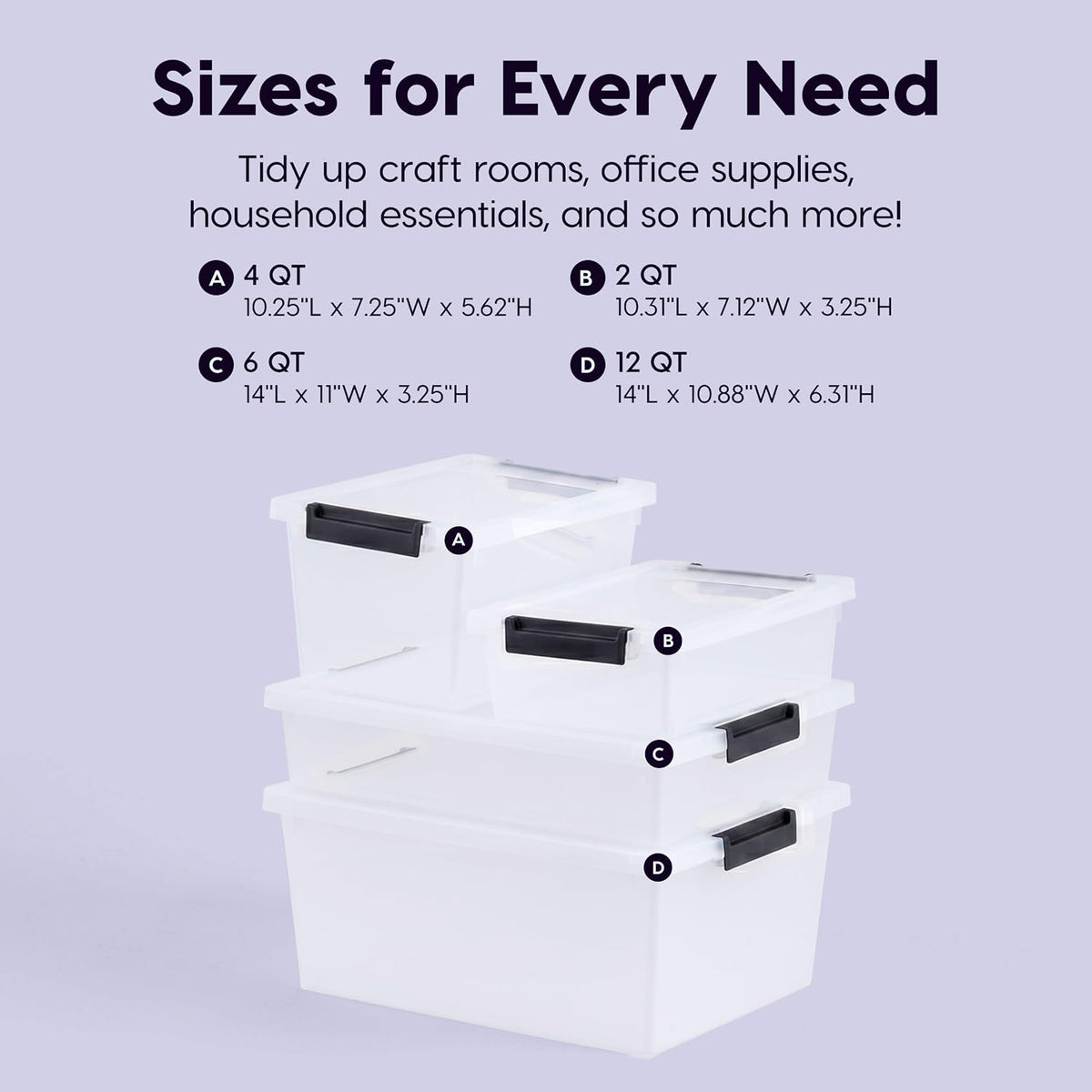 IRIS USA 4-Pack 12 Qt Storage Bins with Lids, Plastic Box, Clear/Black