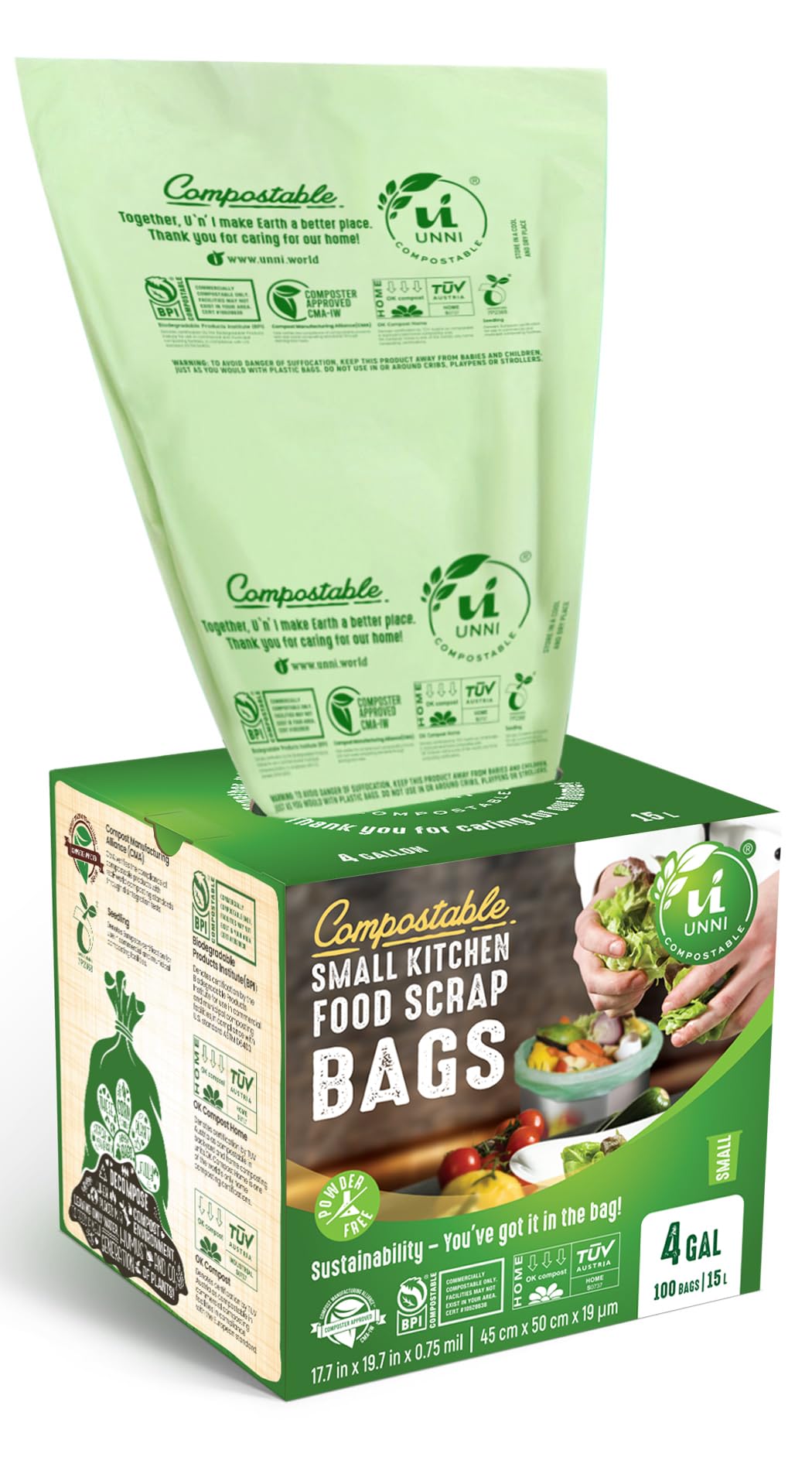 UNNI 2.6 Gallon Compostable Bags, 100 Count, 10 Liter, Extra Thick 0.71 Mil