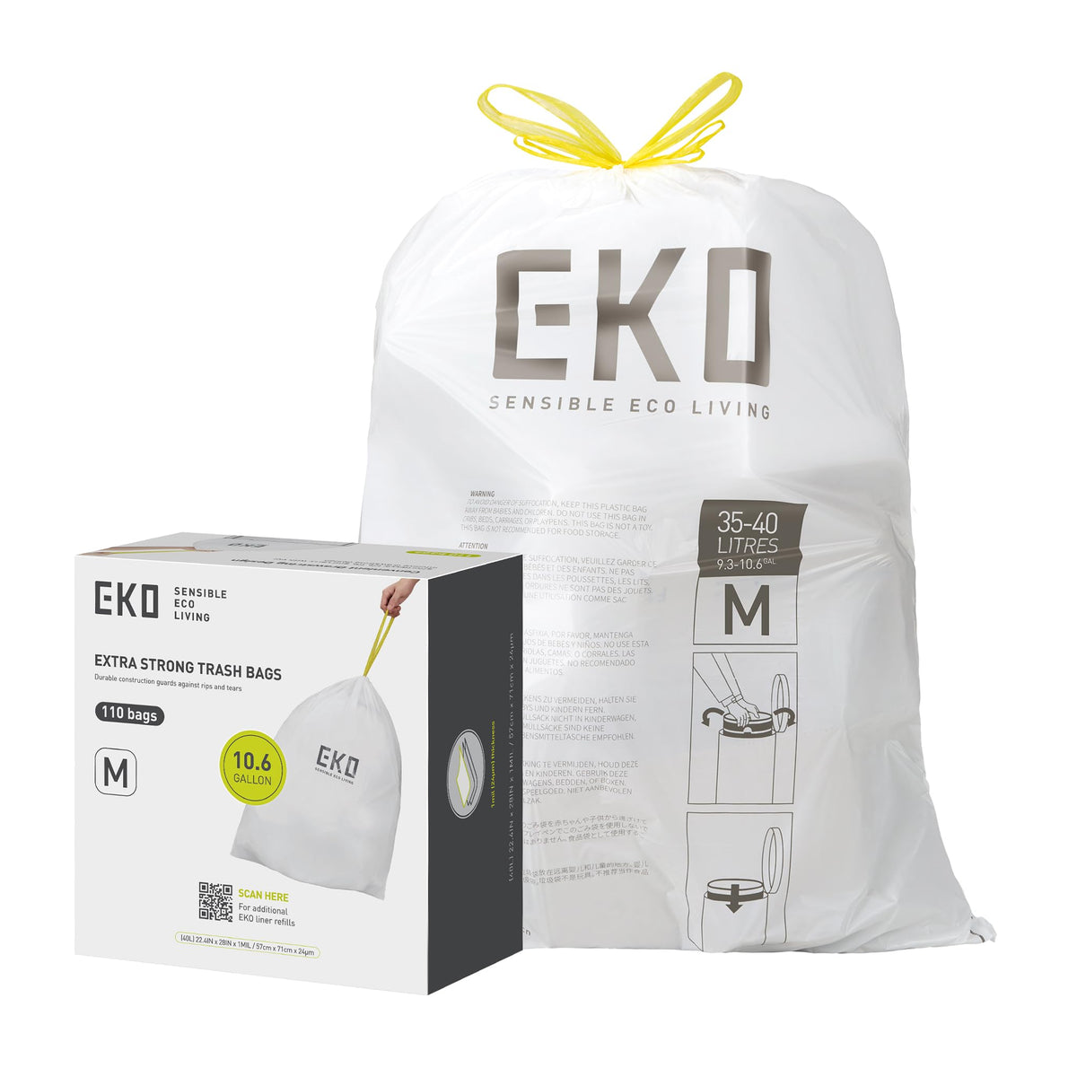 EKO 21 Gallon / 50-90 Liter, 60 Count Drawstring Trash Bags, Extra-Strong Unscented Garbage Bags, Easy-Dispense Roll for Kitchen & Household Use, Code G, White
