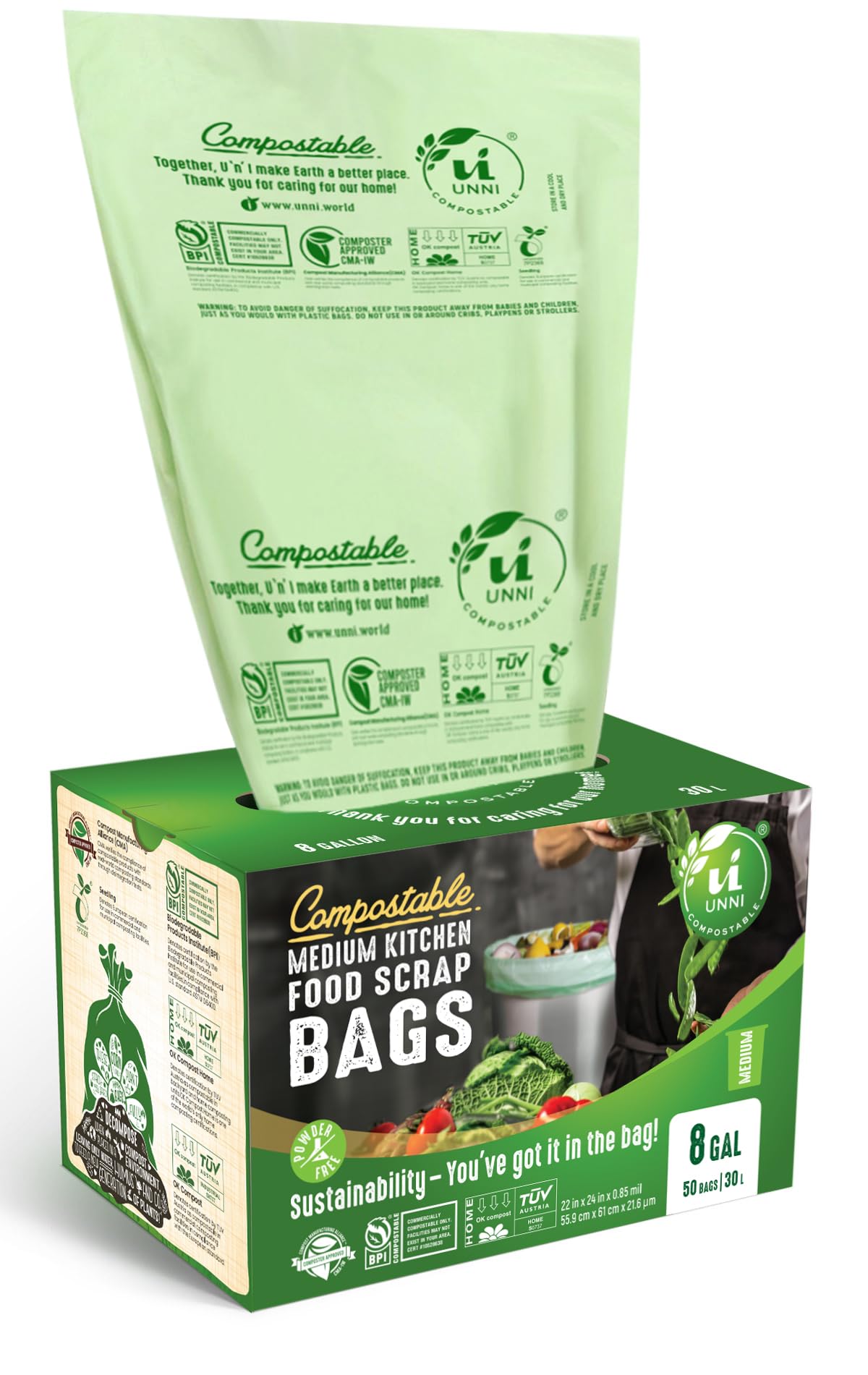 UNNI 2.6 Gallon Compostable Bags, 100 Count, 10 Liter, Extra Thick 0.71 Mil