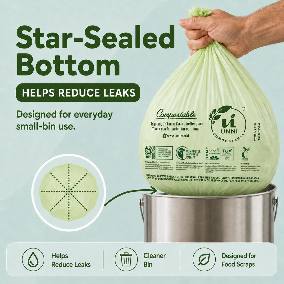 UNNI 2.6 Gallon Compostable Bags, 100 Count, 10 Liter, Extra Thick 0.71 Mil