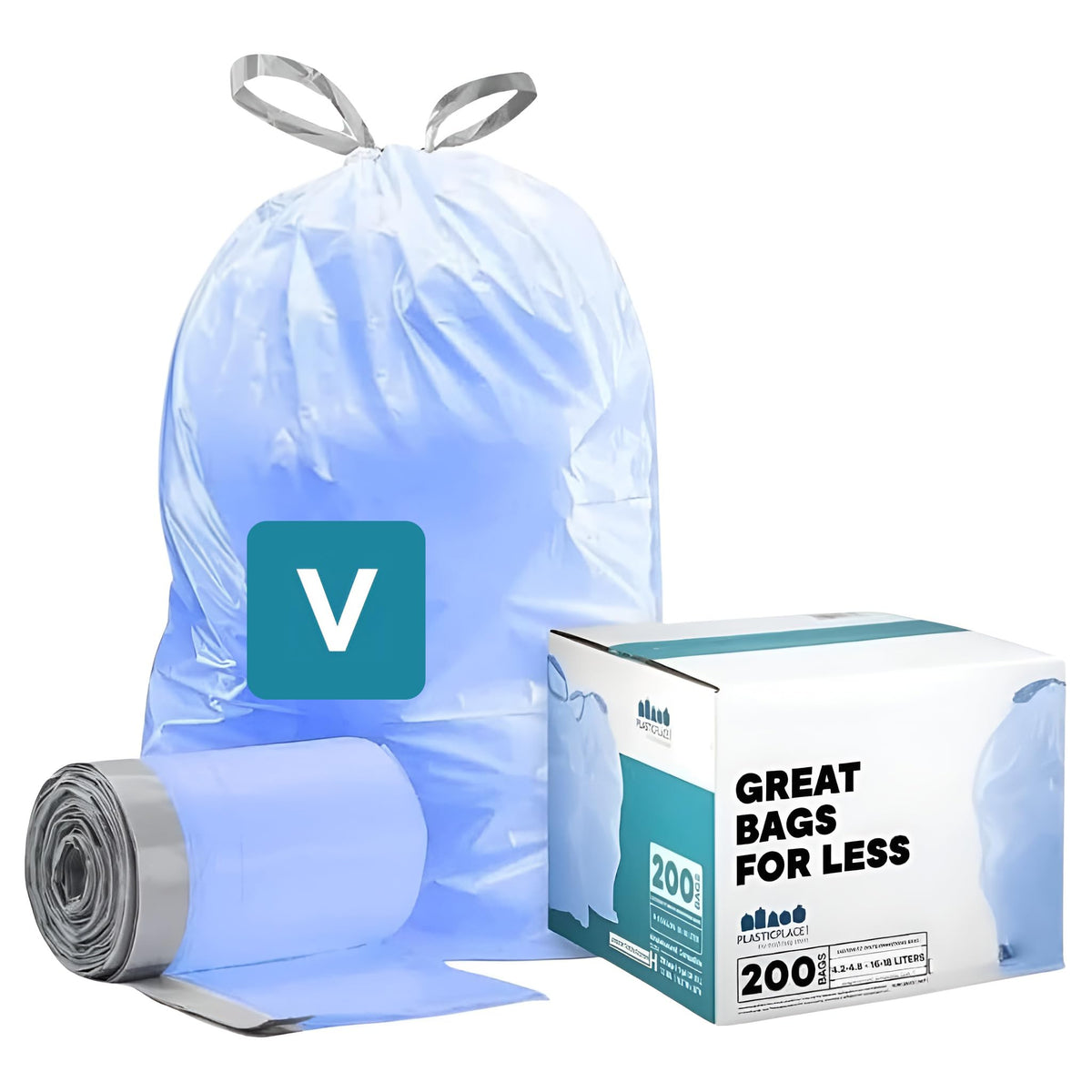 Plasticplace Custom Fit Trash Bags, Compatible with simplehuman Code V (200 Count) White Drawstring Garbage Liners 4.2-4.8 Gallon/ 16-18 Liter, 14.5" x 27.5"