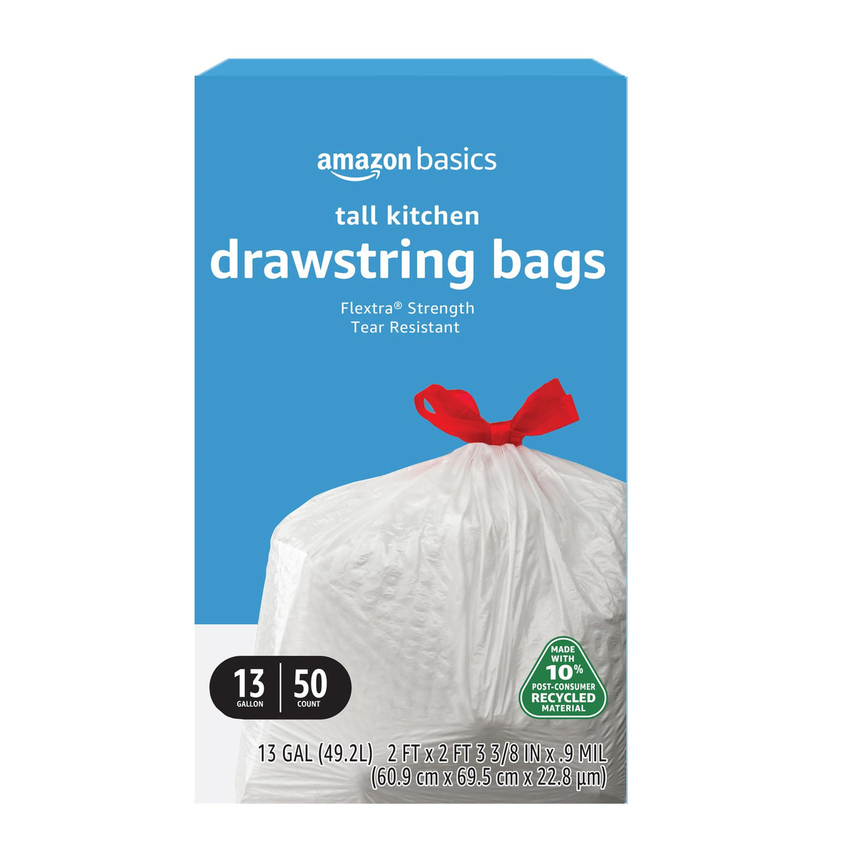 Amazon Basics 13 Gallon Tall Kitchen Drawstring Trash Bags, Flextra Strength, Tear Resistant, 10% Post Consumer Recycled, 90 Count, White