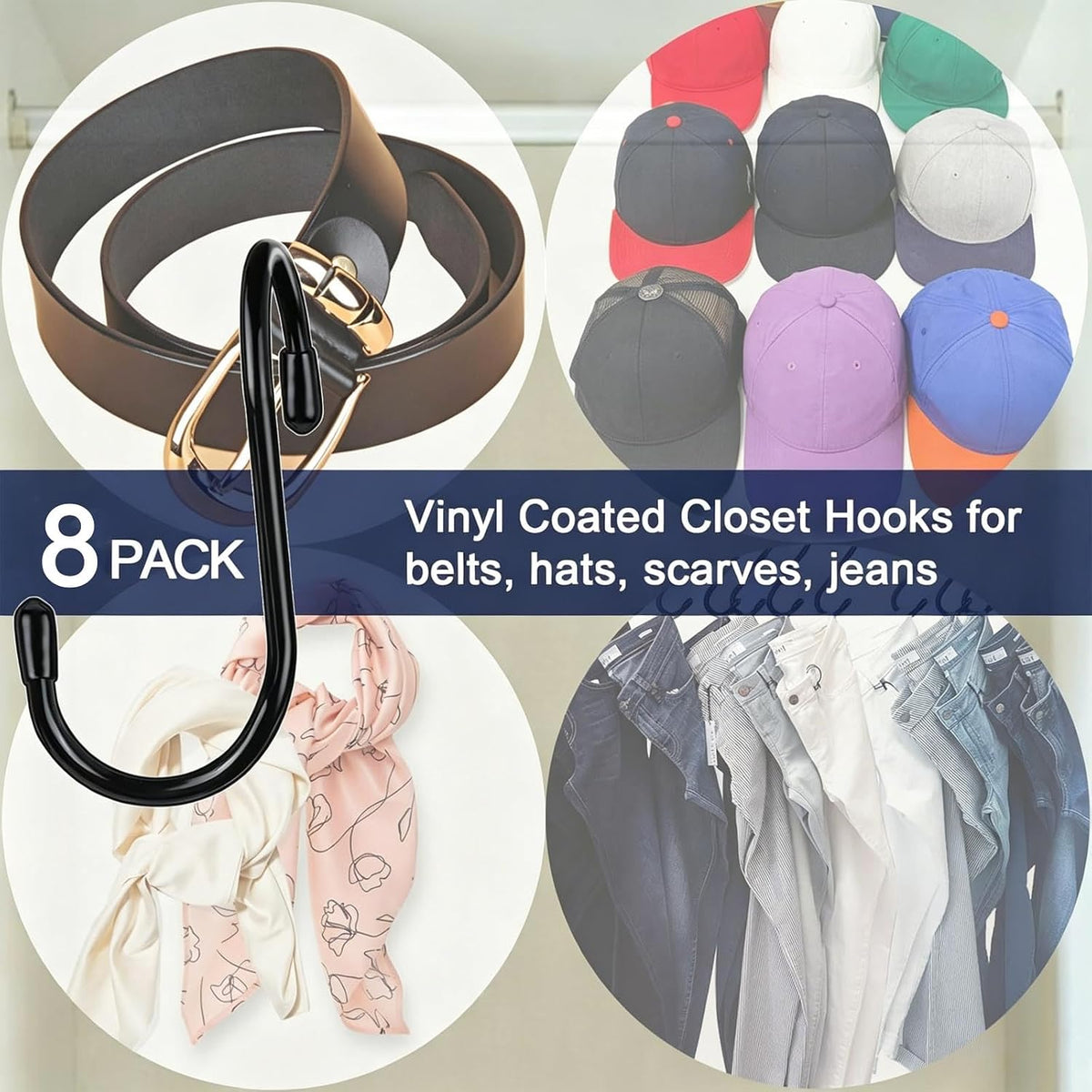 HiGift 8 Pack Purse Hanger for Closet, Vinyl Coated Unique Twist Design Black Bag Hanger Hooks, 5 Inch Large Closet Rod Home Storage Hooks Purse Organizer for Hanging Handbags, Belts, Hat, Backpack