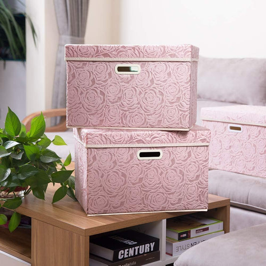 PRANDOM Larger Collapsible Storage Bin with Lid [1-Pack] Fabric Decorative Storage Box Cube Organizer Container Baskes with Handles Divider for Bedroom Closet Living Room Pink 17.7x11.8x11.8 Inch