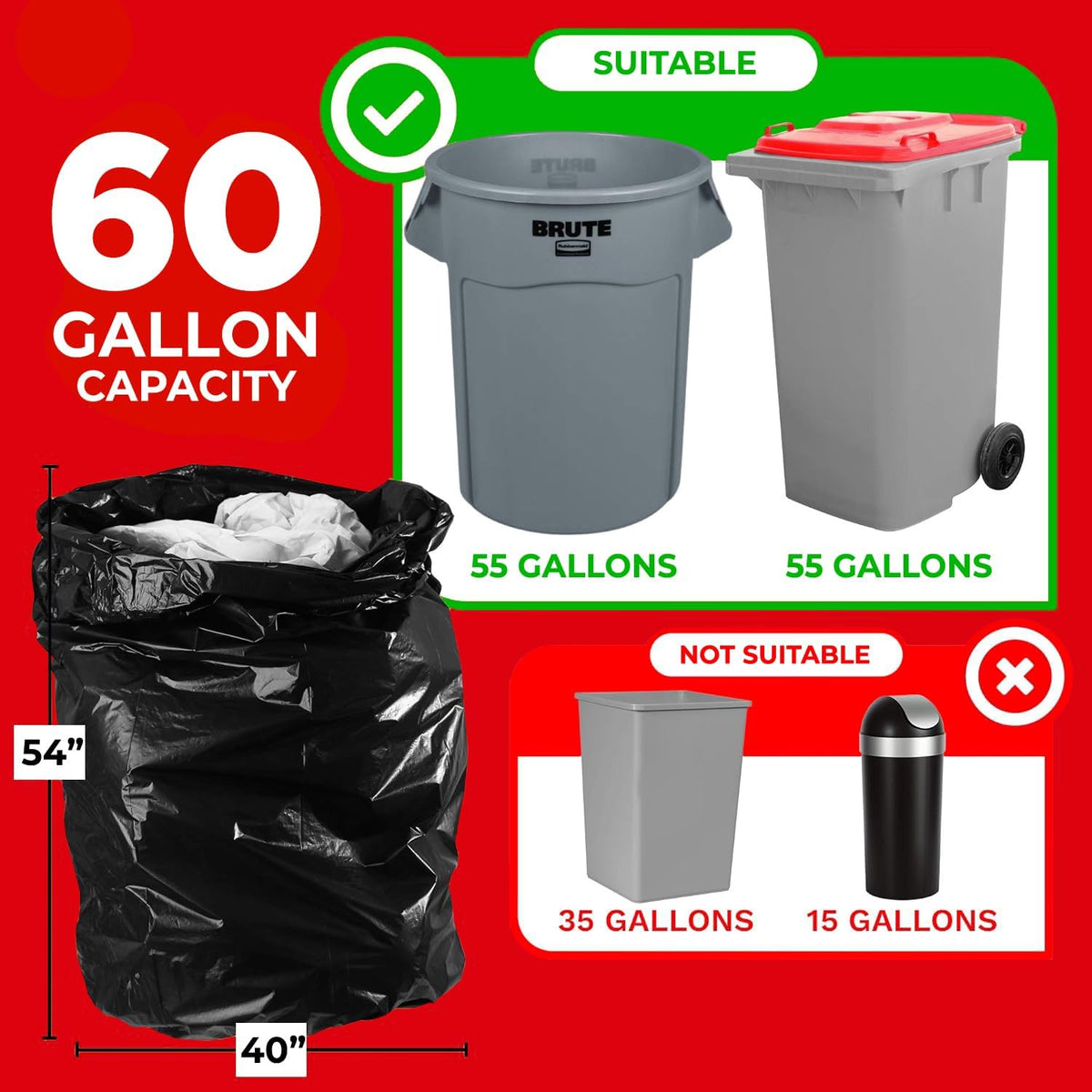 ToughBag 55-60 Gallon Contractor Trash Bags, 150 Count, Black