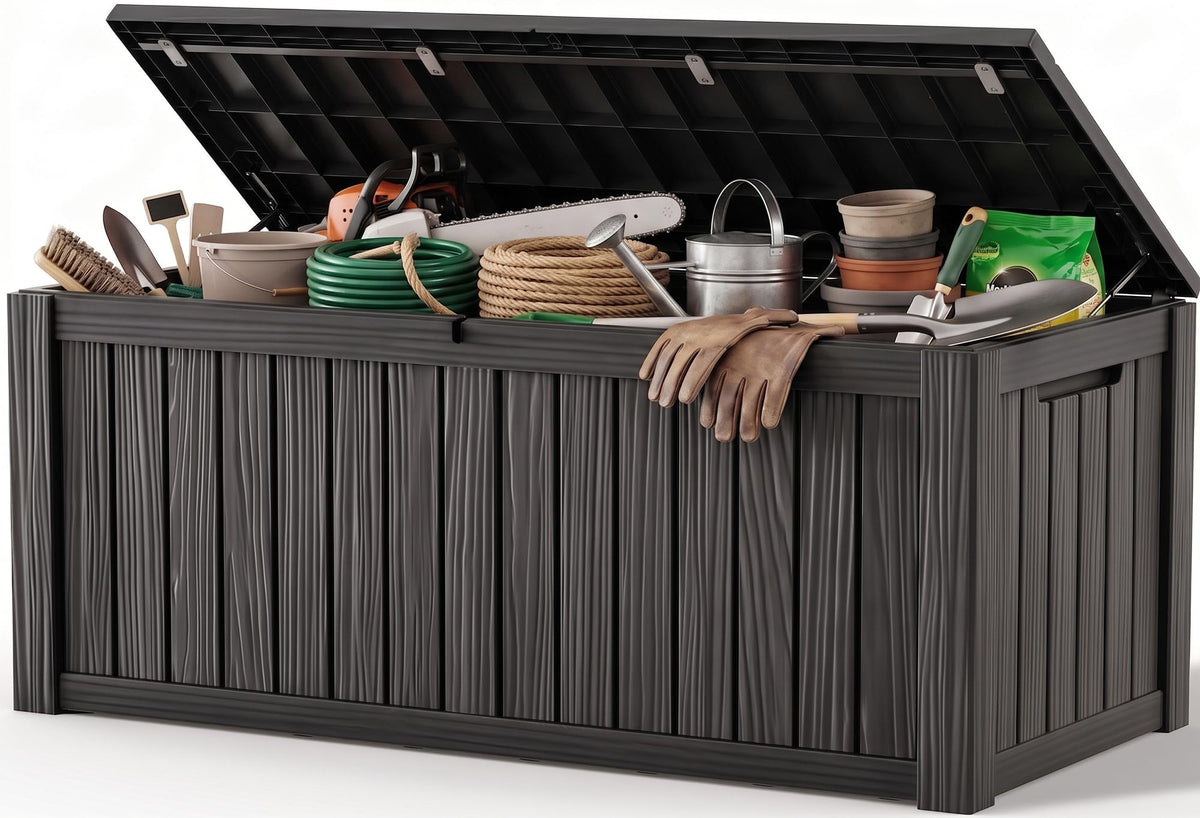 Outdoor Storage Box, 170 Gal Waterproof Resin Deck Box w/Support Rod