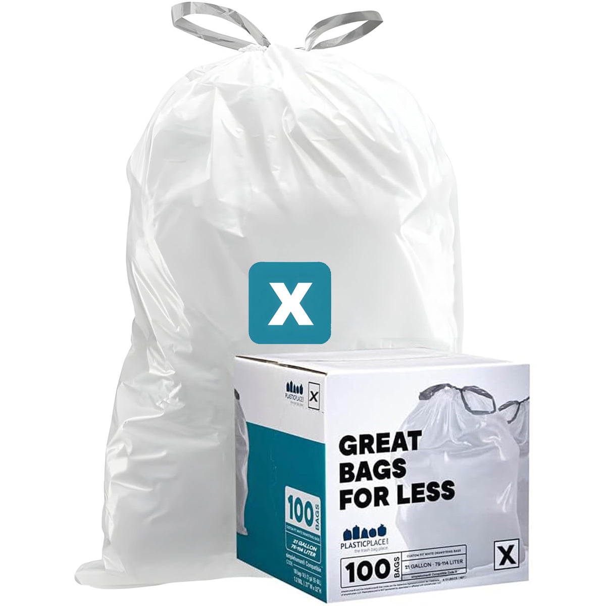 Plasticplace Custom Fit Trash Bags, Compatible with simplehuman Code X (100 Count) White Drawstring Garbage Liners 21 Gallon/ 80 Liter, 26" x 24.5"