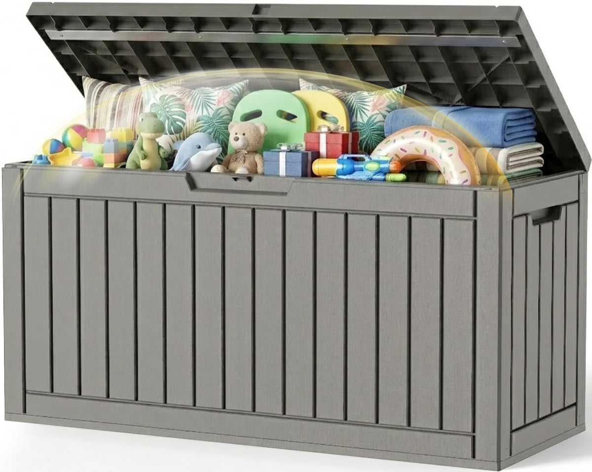 Outdoor Storage Box, 170 Gal Waterproof Resin Deck Box w/Support Rod