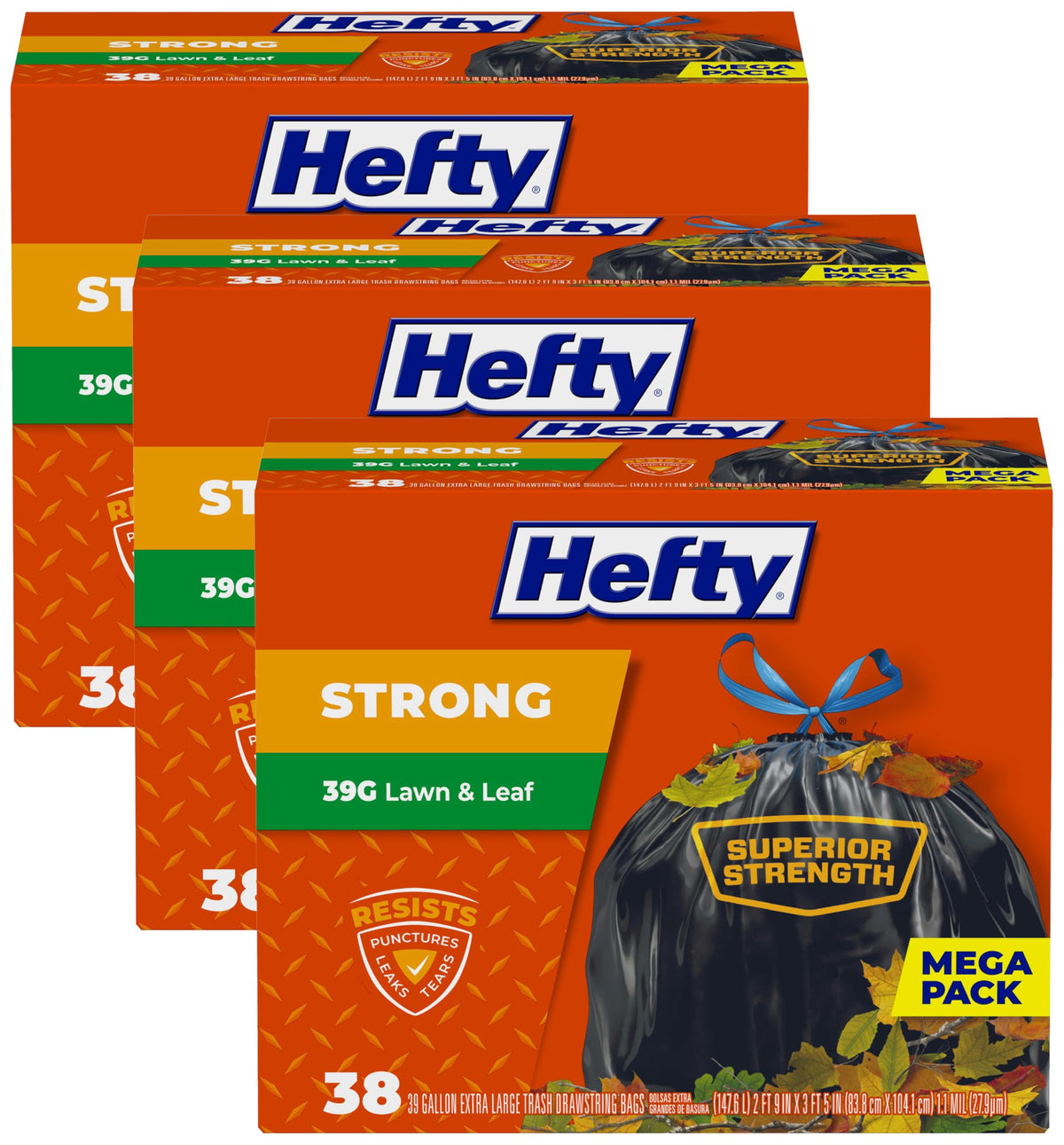 Hefty Strong Lawn and Leaf 39 Gallon Trash Bags, Heavy Duty, Black, 38ct