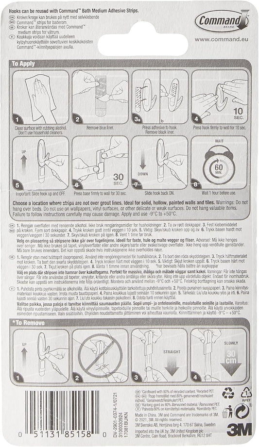 Command Medium White Bath Hooks, 2 Hooks, 4 Strips