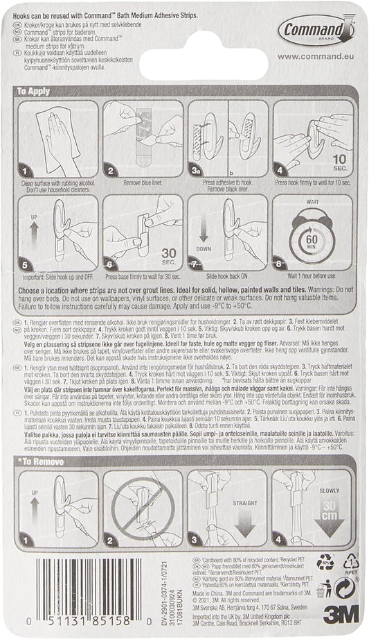 Command Medium White Bath Hooks, 2 Hooks, 4 Strips