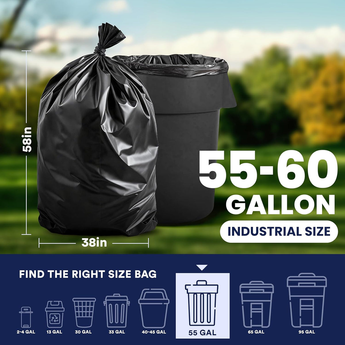Plasticplace 55-60 Gallon Trash Bags │ 1.0 Mil │ Black Heavy Duty Garbage Can Liners │ 38” x 58” (100 Count)