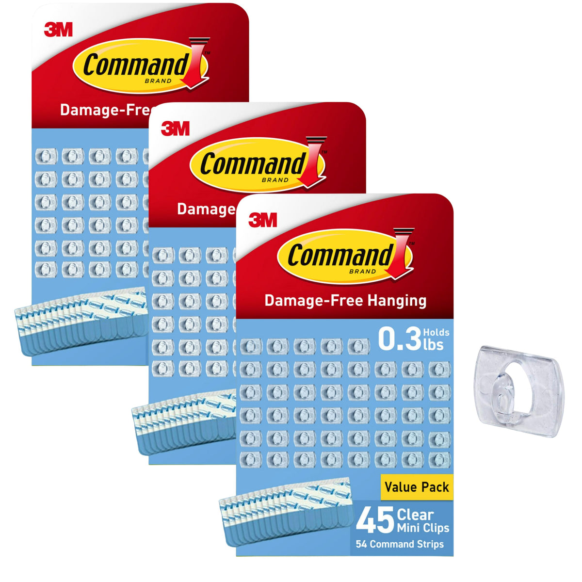 Command Clear Indoor Mini Light Clips Value Pack, 45 Clips, 54 Strips, Damage-Free String Light Hangers for Home, Room, Wall, Office, and Dorm Decor, Great for Cable Management, Holds up to 0.3 lb