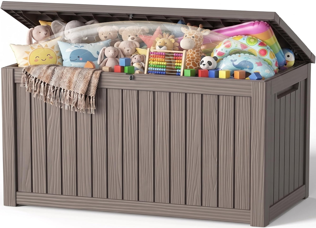 EFU Outdoor Storage Box, 150 Gal Gen 2 Resin Deck Box w/Gas Struts & Wheels