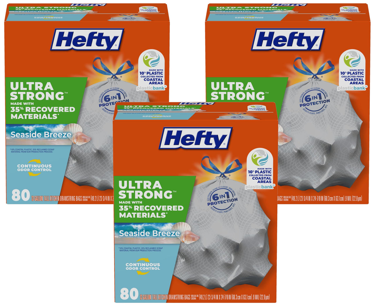 Hefty Ultra Strong Recovered Materials 13 Gallon Kitchen Trash Bags, 80ct