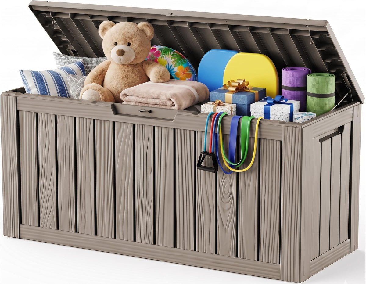 Outdoor Storage Box, 170 Gal Waterproof Resin Deck Box w/Support Rod