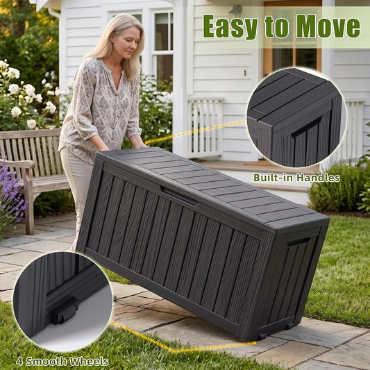 140Gal Outdoor Storage Box with Portable Wheels, Waterproof Deck Boxes