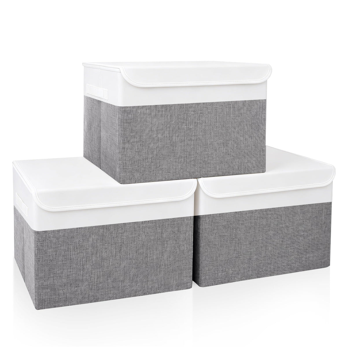 Bagnizer Large 17" 42 Quarts Collapsible Stackable Storage Bins with Lids [3-Pack] Foldable Fabric Linen Storage Boxes Cube, Closet Organizer Baskets with Label for Home (16.7 x 12 x 12, Gray)