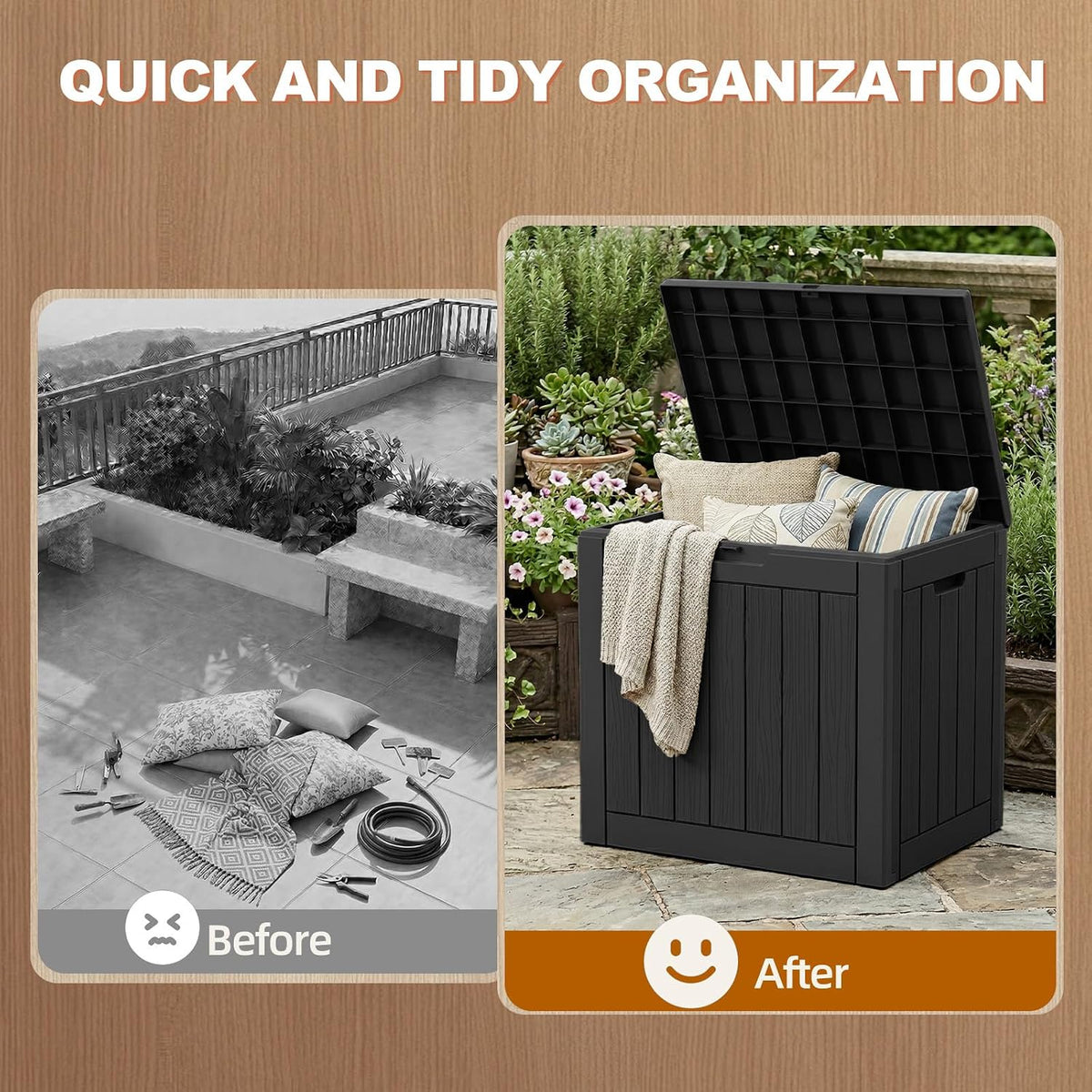 EFU Outdoor Storage Box 42 Gallon Deck Box, Waterproof Resin, Black