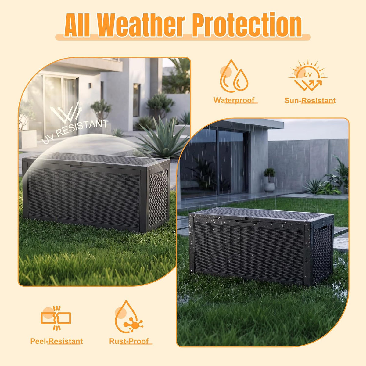 Outdoor Storage Box, 170 Gal Waterproof Resin Deck Box w/Support Rod