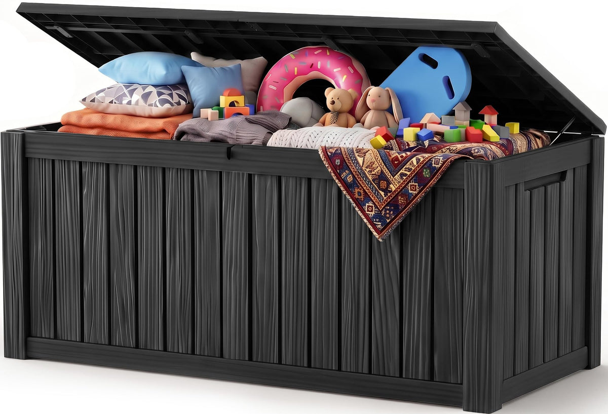 Outdoor Storage Box, 170 Gal Waterproof Resin Deck Box w/Support Rod