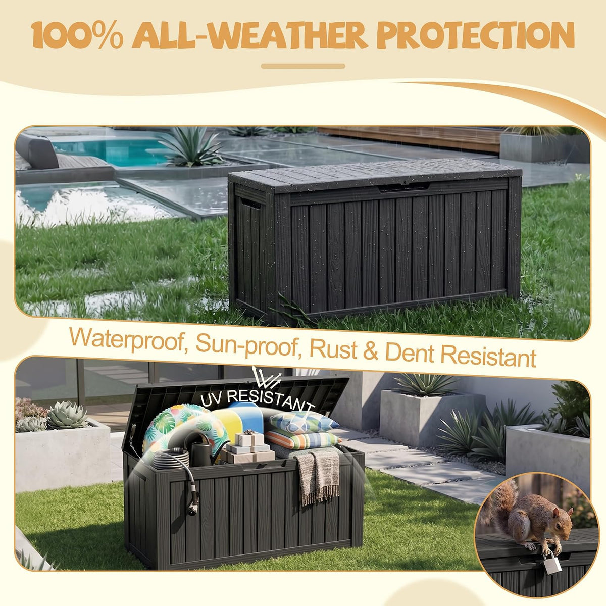 EFU Outdoor Storage Box, 150 Gal Gen 2 Resin Deck Box w/Gas Struts & Wheels