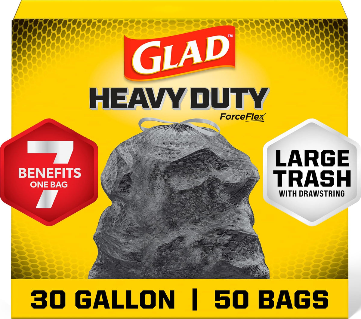 Glad Large 30 Gallon Trash Bags, Unscented Heavy Duty Garbage Bags, Forceflex with Drawstring, 50 Count (Packaging May Vary)