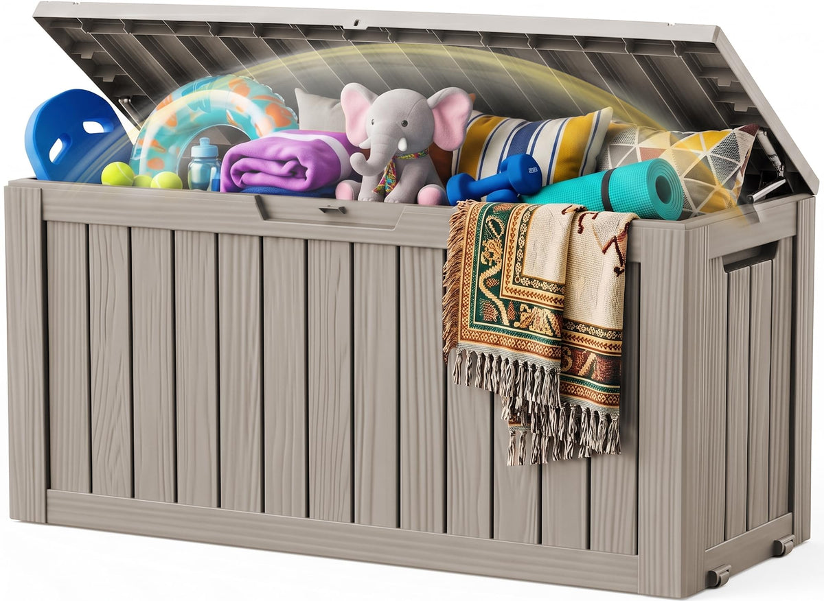 EFU Outdoor Storage Box, 150 Gal Gen 2 Resin Deck Box w/Gas Struts & Wheels