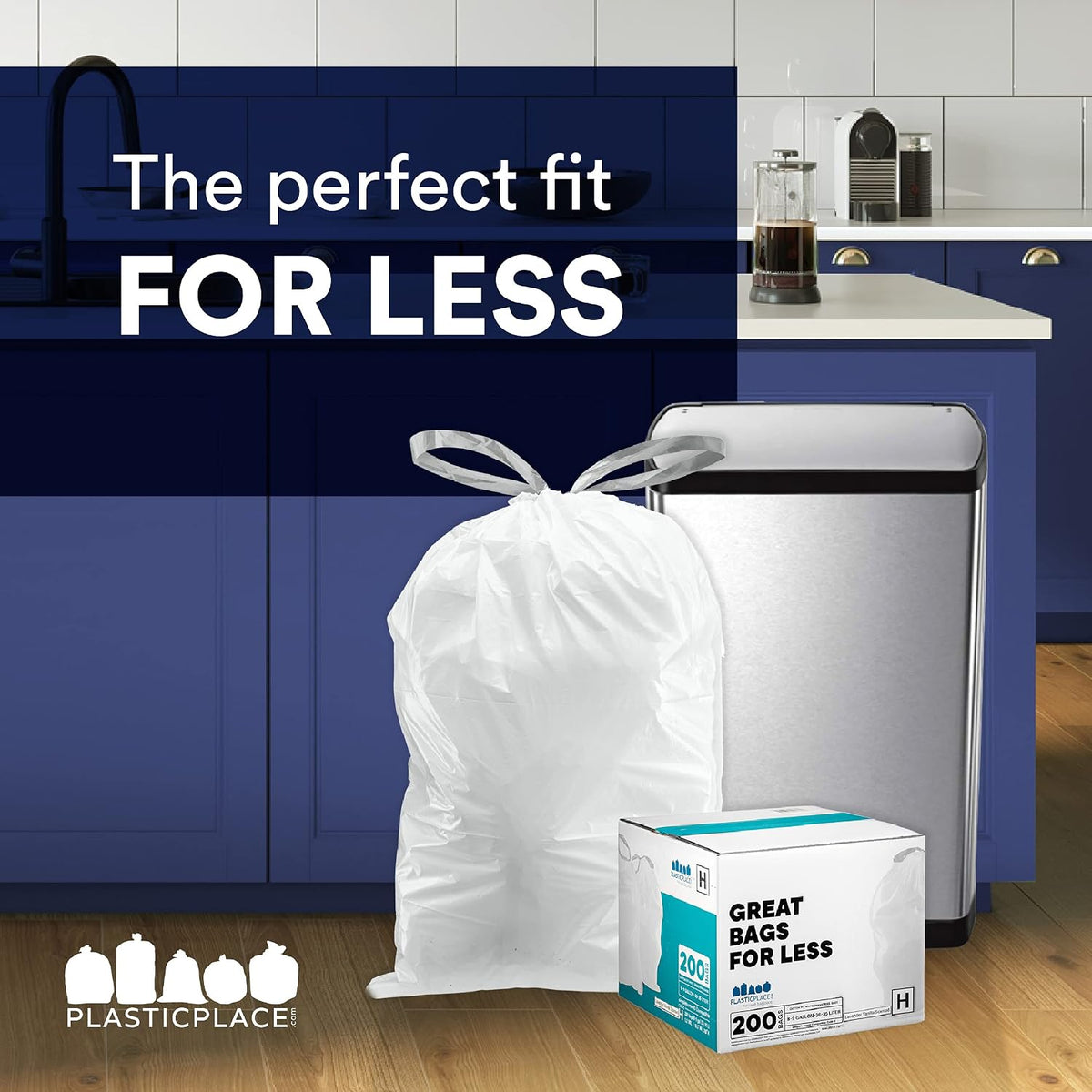 Plasticplace Custom Fit Trash Bags, Compatible with simplehuman Code V (200 Count) White Drawstring Garbage Liners 4.2-4.8 Gallon/ 16-18 Liter, 14.5" x 27.5"