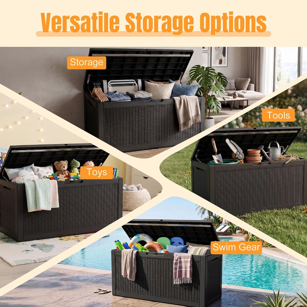 Outdoor Storage Box, 170 Gal Waterproof Resin Deck Box w/Support Rod