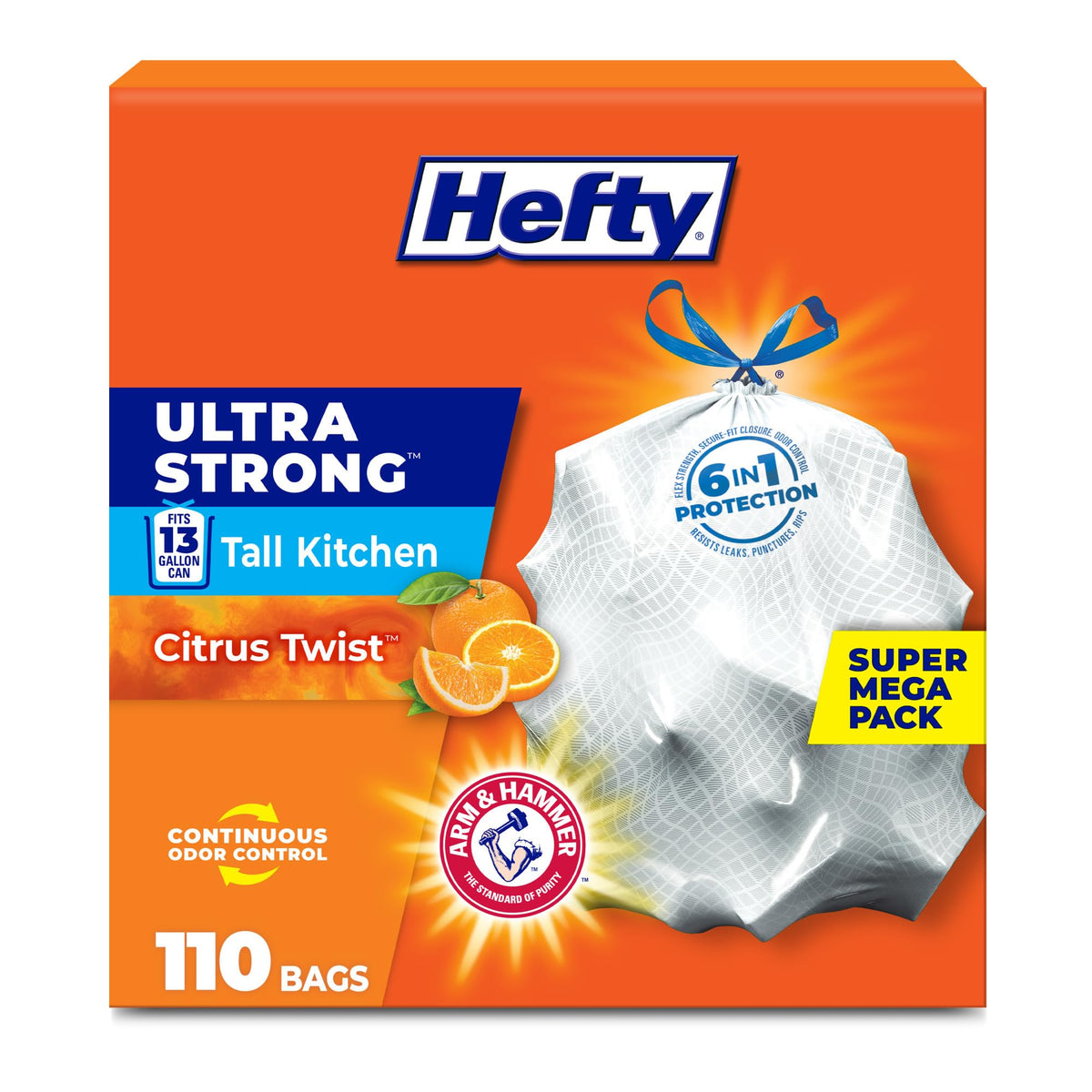 Hefty Ultra Strong 13 Gal Kitchen Trash Bags, White, Citrus Twist, 80ct