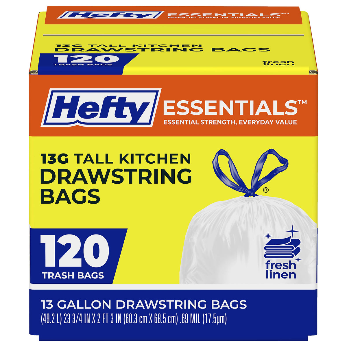 Hefty Essentials 13 Gallon Kitchen Trash Bags, White, Unscented, 45ct