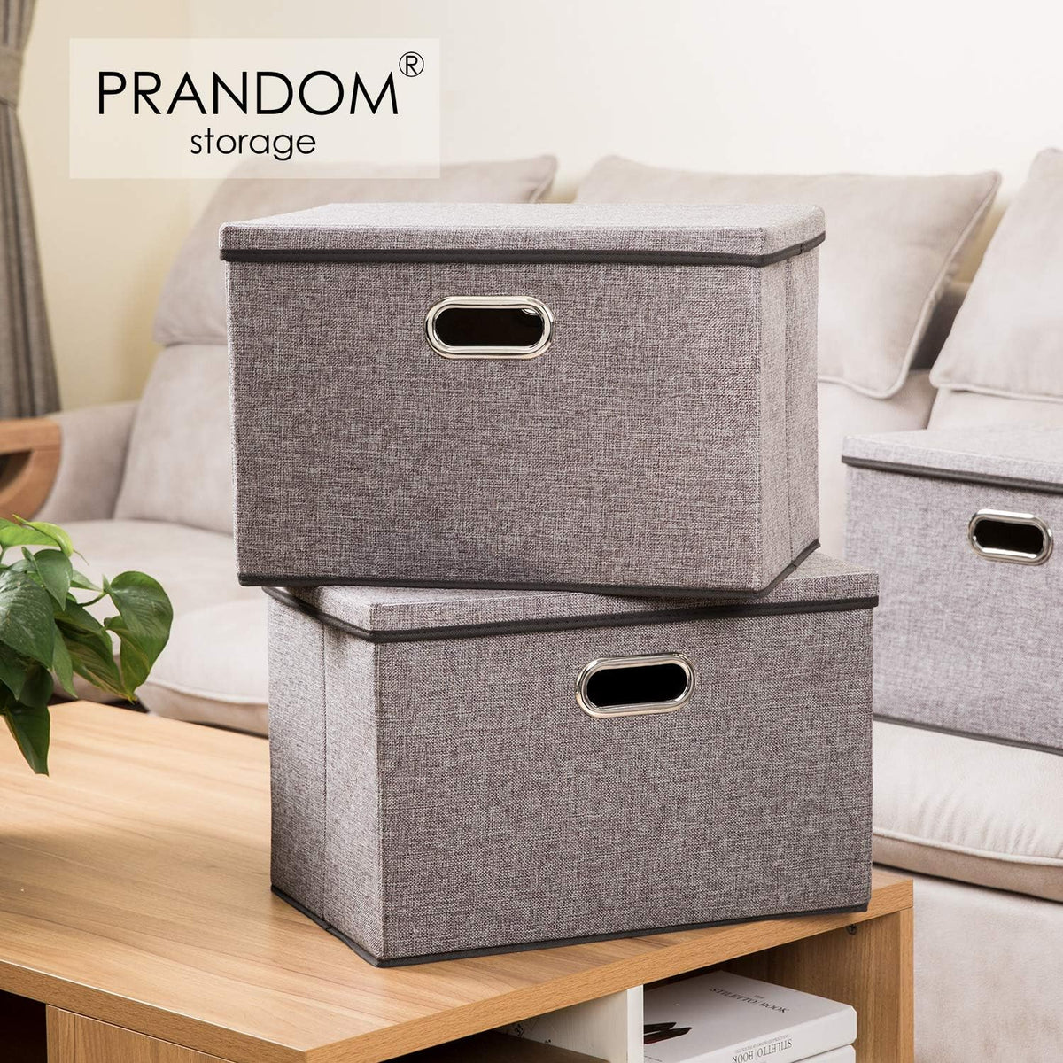 PRANDOM Large Collapsible Storage Bins with Lids [3-Pack] Linen/Cotton Blend Foldable Storage Boxes Organizer Containers Baskets Cube with Cover for Home Bedroom Closet Office Nursery(17.7x11.8x11.8)