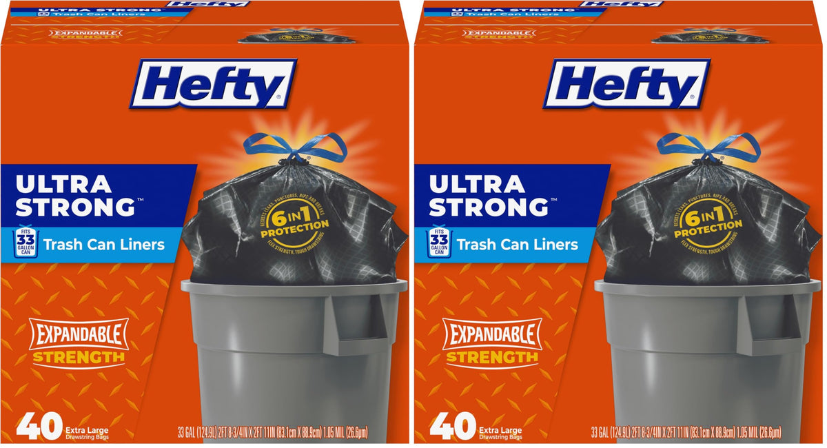 Hefty Ultra Strong 33 Gallon Trash Bags, Black, Unscented, 40ct