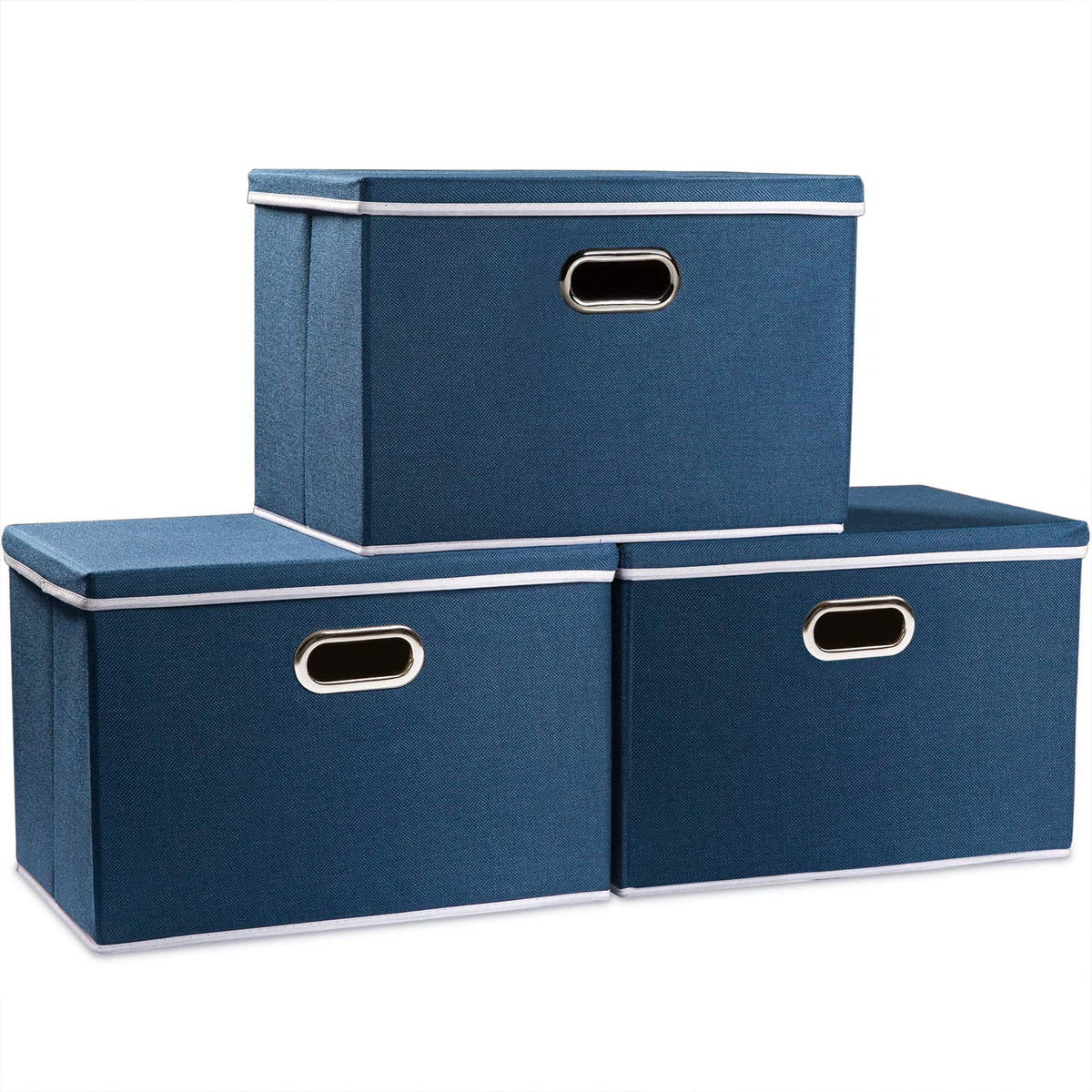 PRANDOM Large Collapsible Storage Bins with Lids [3-Pack] Linen/Cotton Blend Foldable Storage Boxes Organizer Containers Baskets Cube with Cover for Home Bedroom Closet Office Nursery(17.7x11.8x11.8)